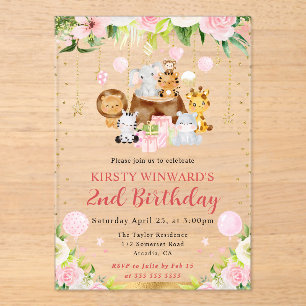 Invitaciones Acrílicas Animales de la selva rosa acuarela cumpleaños infa