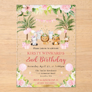 Invitaciones Acrílicas Animales de la selva rosa acuarela cumpleaños infa