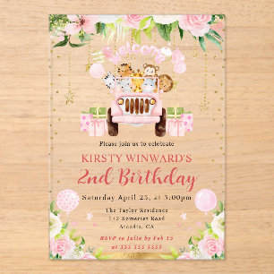 Invitaciones Acrílicas Animales de la selva rosa acuarela Cumpleaños infa