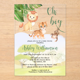 Invitaciones Acrílicas Animales de Safari de la Jungla Oh Boy Baby Shower