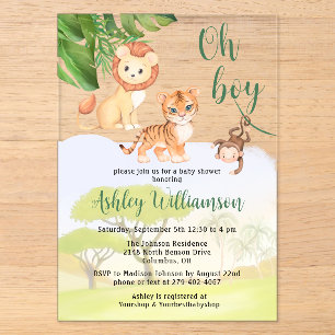 Invitaciones Acrílicas Animales de Safari en la Jungla Oh Niño Fiesta de 