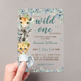 Invitaciones Acrílicas Animales de Safari Salvaje Uno Verde Salvia Baby S