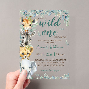 Invitaciones Acrílicas Animales de Safari Salvaje Uno Verde Salvia Baby S