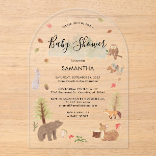 Invitaciones Acrílicas Animales de Woodland Script Baby Shower