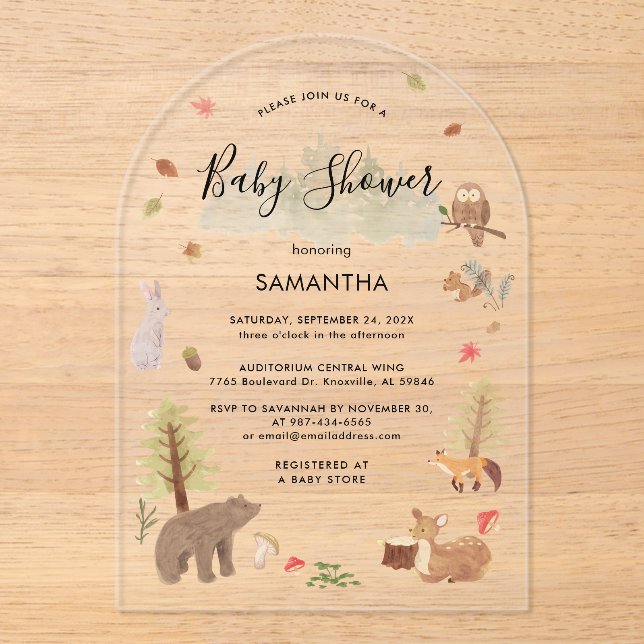 Invitaciones Acrílicas Animales de Woodland Script Baby Shower (Anverso)