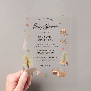 Invitaciones Acrílicas Animales del Bosque Acuarela Baby Shower Rústico