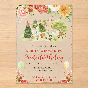 Invitaciones Acrílicas Animales del bosque en acuarela Cumpleaños de niño