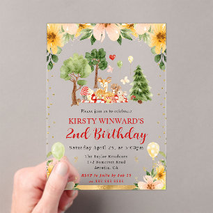 Invitaciones Acrílicas Animales del bosque en picnic cumpleaños infantil 