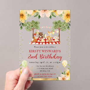 Invitaciones Acrílicas Animales del bosque en picnic cumpleaños infantil