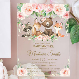 Invitaciones Acrílicas Animales del Bosque Flores Rosadas Fiesta de Bebé