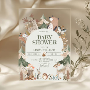 Invitaciones Acrílicas Animales del bosque género neutral rústico Baby sh