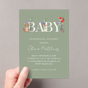 Invitaciones Acrílicas Animales del Bosque Verde Salvia Baby Shower
