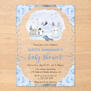 Invitaciones Acrílicas Animales Florales Árticos en Acuarela para Baby Sh