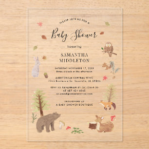 Invitaciones Acrílicas Animales rústicos de Woodland caen en Baby Shower
