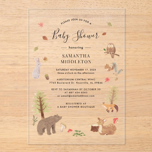 Invitaciones Acrílicas Animales rústicos de Woodland caen en Baby Shower (Anverso)