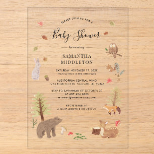 Invitaciones Acrílicas Animales Rústicos del Bosque en Otoño para Baby Sh