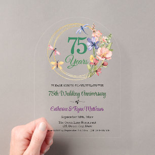 Invitaciones Acrílicas Aniversario de Bodas de Oro de 75 años Marco Flora