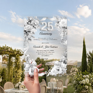 Invitaciones Acrílicas aniversario de bodas de plata 25 años con flores y