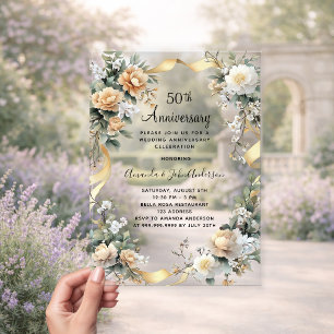 Invitaciones Acrílicas aniversario de bodas número 50 flores amarillas do