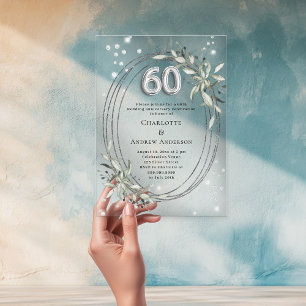 Invitaciones Acrílicas aniversario de bodas número 60 con plata, vegetaci