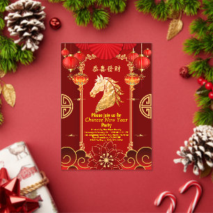 Invitaciones Acrílicas Año Nuevo Chino Festivo Rojo y Dorado del Caballo
