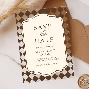Invitaciones Acrílicas Antiguo dinero marrón cuadros boda guardar la fech