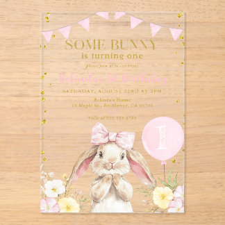 Invitaciones Acrílicas ANY AGE Bunny Pink Watercolor Wildflower Birthday 
