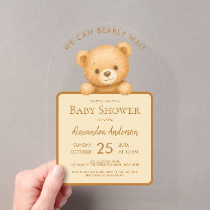 Invitaciones Acrílicas Apenas Esperamos Osito Marrón Tierno Baby Shower