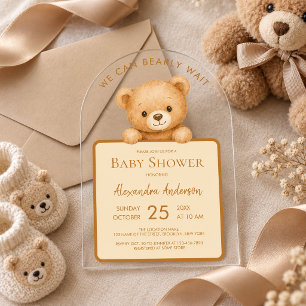 Invitaciones Acrílicas Apenas Esperamos Osito Marrón Tierno Baby Shower