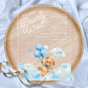 Invitaciones Acrílicas Apenas Podemos Esperar Osito de Peluche Azul Bebé 