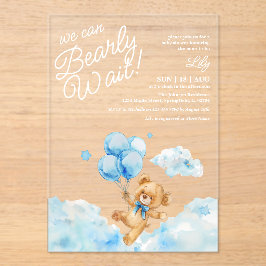Invitaciones Acrílicas Apenas Podemos Esperar Osito de Peluche Azul Bebé 
