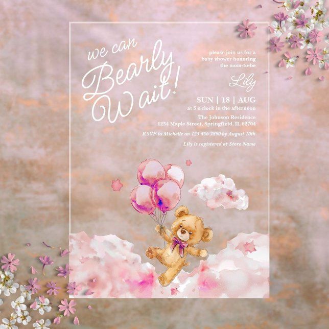 Invitaciones Acrílicas Apenas Podemos Esperar Osito Rosa Niña Baby Shower (We Can Bearly Wait Teddy Pink Girl Baby Shower Acrylic Invitations)
