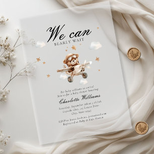 Invitaciones Acrílicas ¡Apenas Podemos Esperar! Oso de Peluche y Avión
