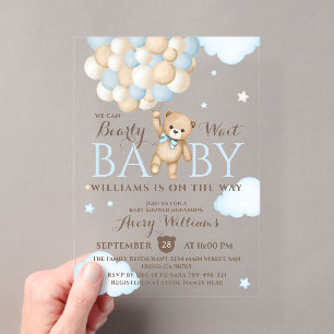 Invitaciones Acrílicas Apenas Podemos Esperar Oso Globo Niño Cumpleaños