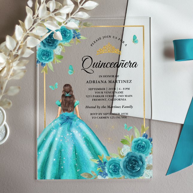 Invitaciones Acrílicas Aqua Blue Floral Vestido Mariposa Oro Quinceanera (Subido por el creador)