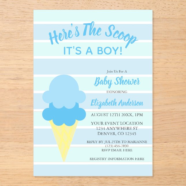 Invitaciones Acrílicas Aquí está el Baby Shower de verano de Scoop Ice Cr (Anverso)