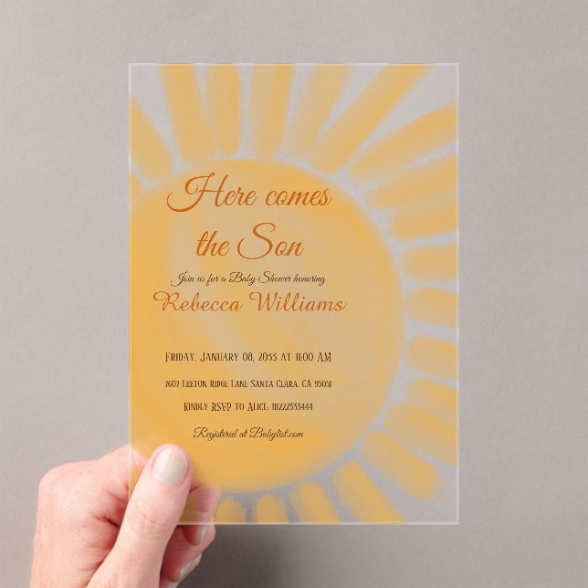 Invitaciones Acrílicas Aquí viene el Baby Shower amarillo Son Sunshine Ra (Insitu (portátil))