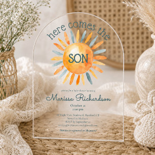 Invitaciones Acrílicas Aquí viene el hijo, baby shower de niño