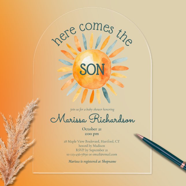 Invitaciones Acrílicas Aquí viene el niño bebé ducha (Here comes the son baby boy shower clear acrylic invitation, boho retro watercolor sun, cute)