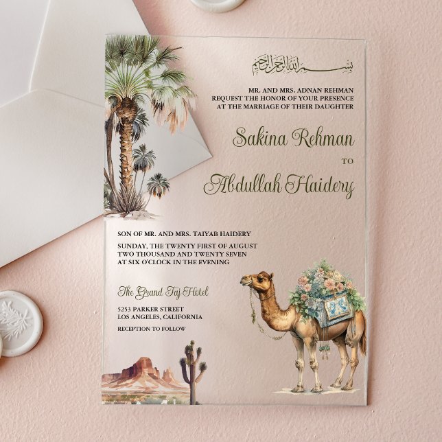 Invitaciones Acrílicas Arabian Palm Desert Camel Muslim Wedding (Subido por el creador)