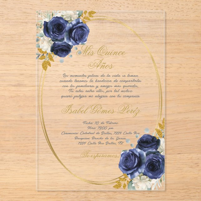 Invitaciones Acrílicas Arailal azul de la marina española Quinceanera (Anverso)