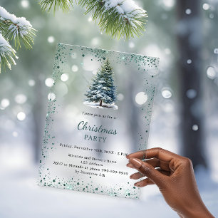 Invitaciones Acrílicas árbol de fiesta de Navidad nieve verde dibujado a
