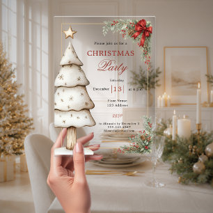 Invitaciones Acrílicas Árbol de lazo rojo claro fiesta de Navidad de lujo