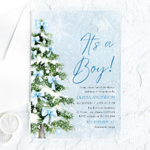Invitaciones Acrílicas Árbol de Navidad con Lazo Azul Es un Niño Baby Sho