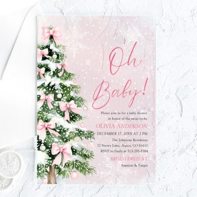 Invitaciones Acrílicas Árbol de Navidad de Bow Rosado Oh Baby Baby Shower (Pink Bow Girl Christmas Tree Oh Baby Baby Shower Acrylic Invitation)