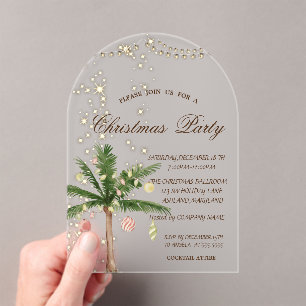 Invitaciones Acrílicas Árbol de Navidad de Palma, Brillo, Luces, Fiesta d