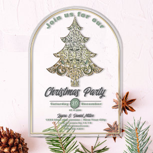 Invitaciones Acrílicas árbol de Navidad dorado y filigrana verde de hierb