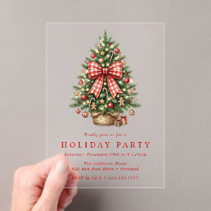 Invitaciones Acrílicas Árbol de Navidad en Acuarela con Lazo de Cuadros R