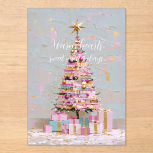Invitaciones Acrílicas Árbol de Navidad rosa y dorado Impasto