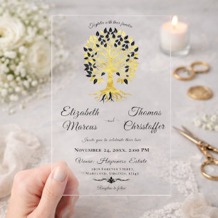 Invitaciones Acrílicas Árbol de Oro de la Vida Tema de Boda Negro Elegant